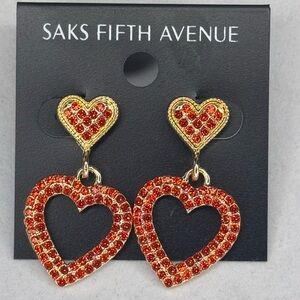 Saks Fifth Avenue Gold Tone Dangling Heart  Red Crystal Post Earrings 1.5in